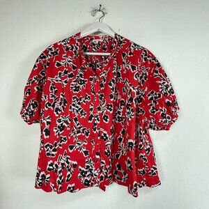 Calme x Johnny Was Womens Poppy Red Garden Vines Button Down Blouse Top Size XL